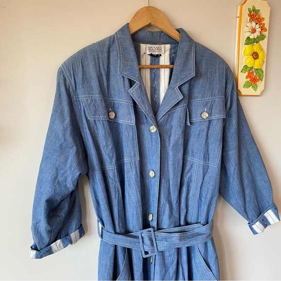 Vintage Denim Winter Trench Coat with Belt and Double Lining Cotton - Picture 4 of 8